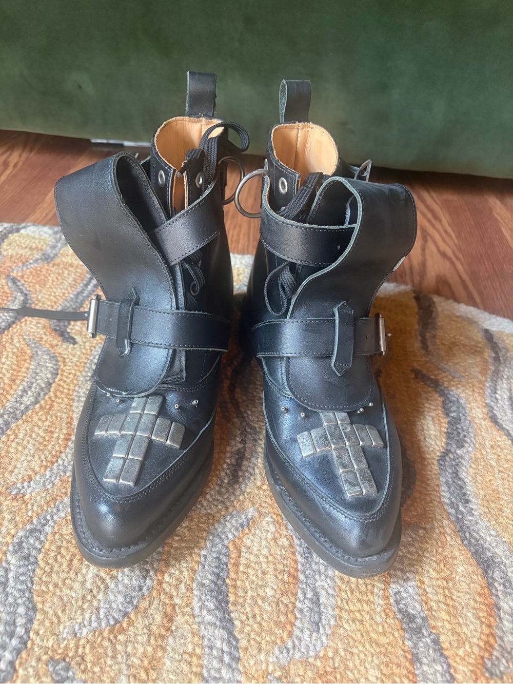 Black LeatherBuckle Lace-Up Boots by George cox